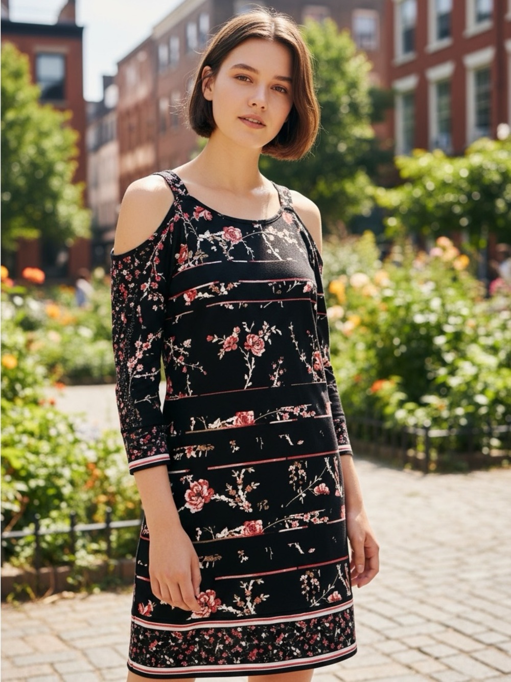 🫶🏻 WHBM Cold-Shoulder Black Floral Shift Dress with See Through Detail